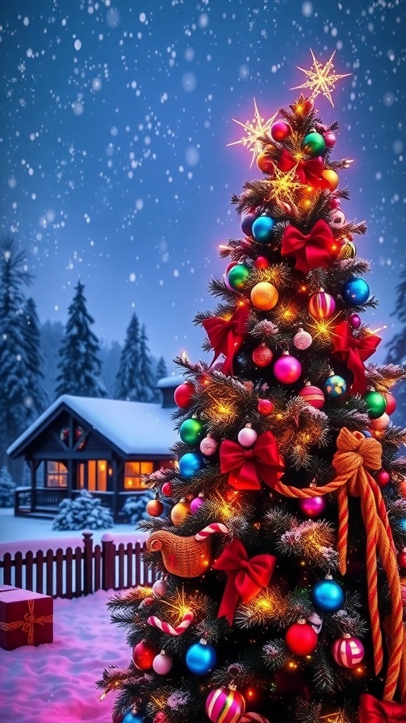 Festive Christmas Wallpaper for 16:9 Screens A decorated Christmas tree with lights and ornaments in a snowy landscape.